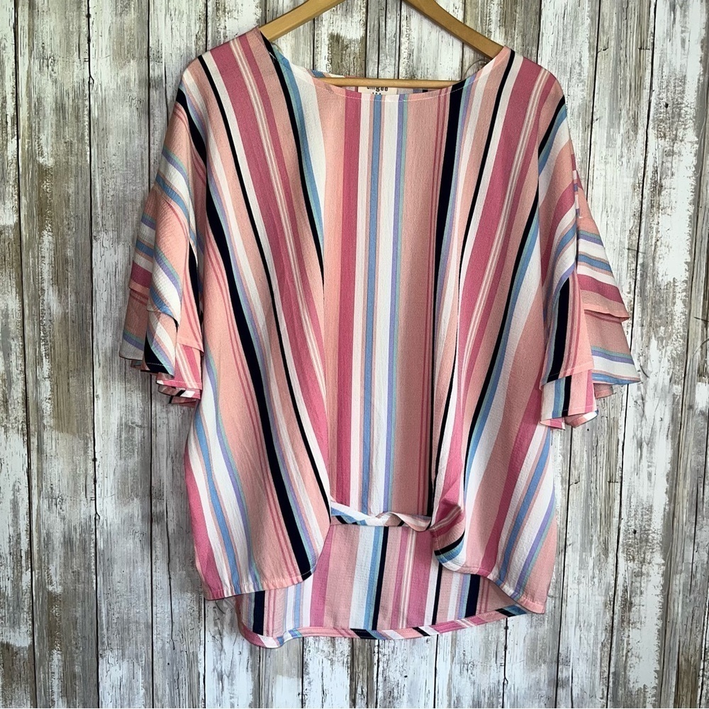 Umgee Pink Striped Round Neck Blouse - Picture 2 of 6